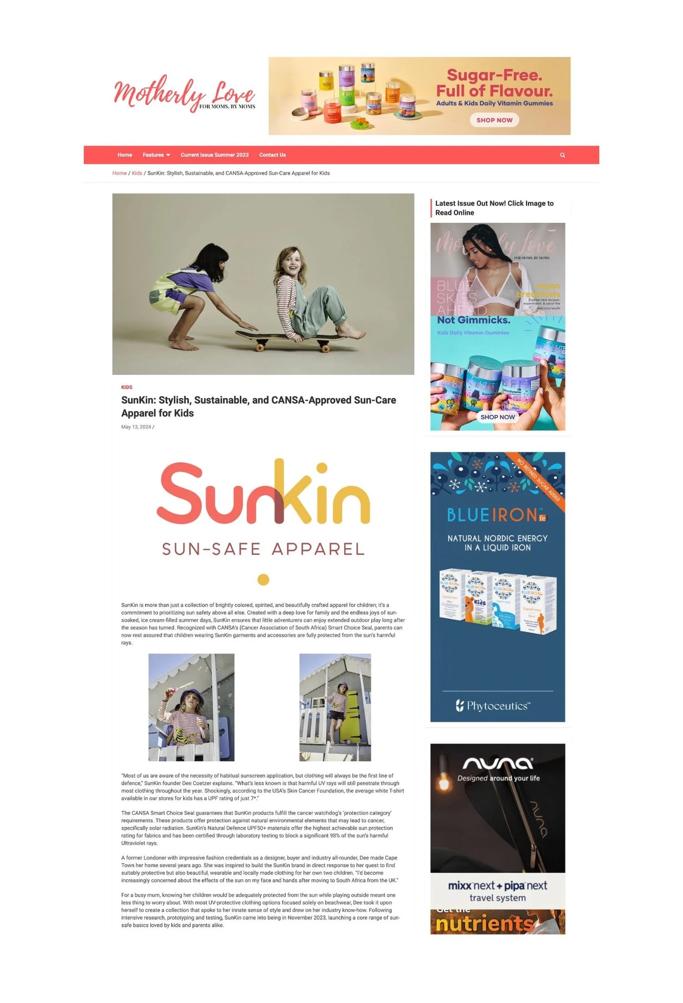 SunKin’s CANSA-endorsed UPF50+ kids' sun-care apparel featured in Motherly Love Online on 13 May 2024, spotlighting stylish, sustainable sun protection for South African families.