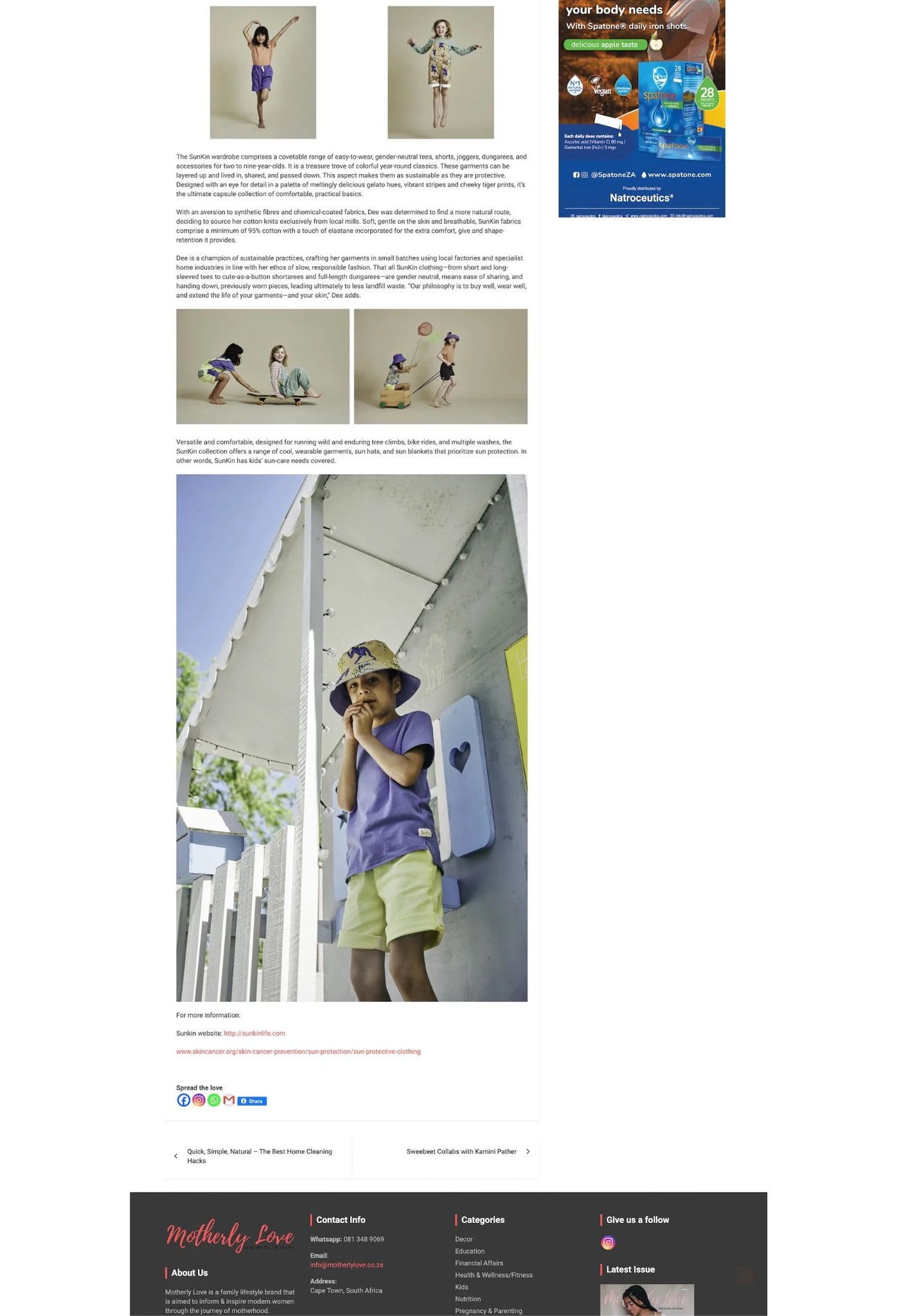 SunKin’s UPF50+ kidswear featured in Motherly Love Online on 13 May 2024, showcasing sustainable sun-safe apparel including tees, shorts, dungarees, and hats designed for year-round outdoor play and skin protection