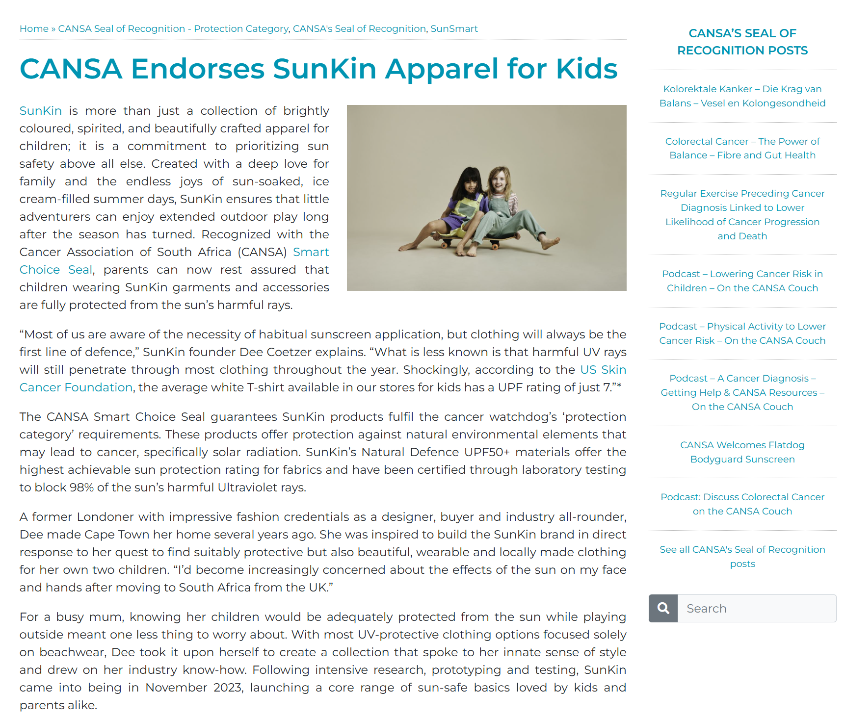 "Close-up of SunKin’s colorful kids’ UPF50+ shortarees and dungarees, styled with breathable cotton tees—found on the CANSA-endorsed SunKin website and made for sunny play and summer adventures.