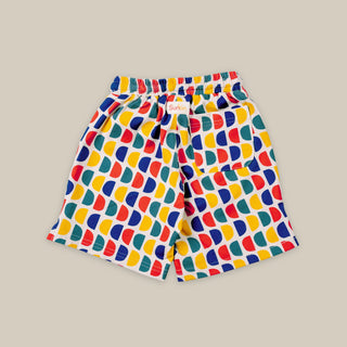 back view of kids d-print shorts in bright colours