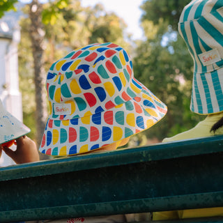 Bright SunKin sun hat in bucket shape back view with logo