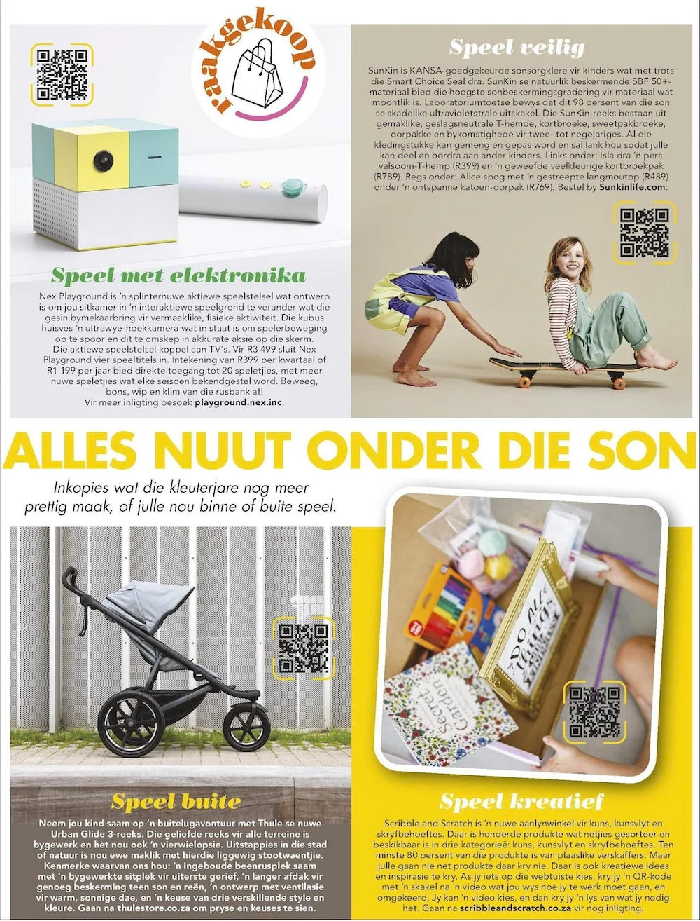 SunKin featured in Baba & Kleuter magazine 2024 edition under 'Alles Nuut Onder Die Son' for its CANSA-approved UPF50+ sun-safe kidswear, showcasing stylish and sustainable apparel for outdoor play.