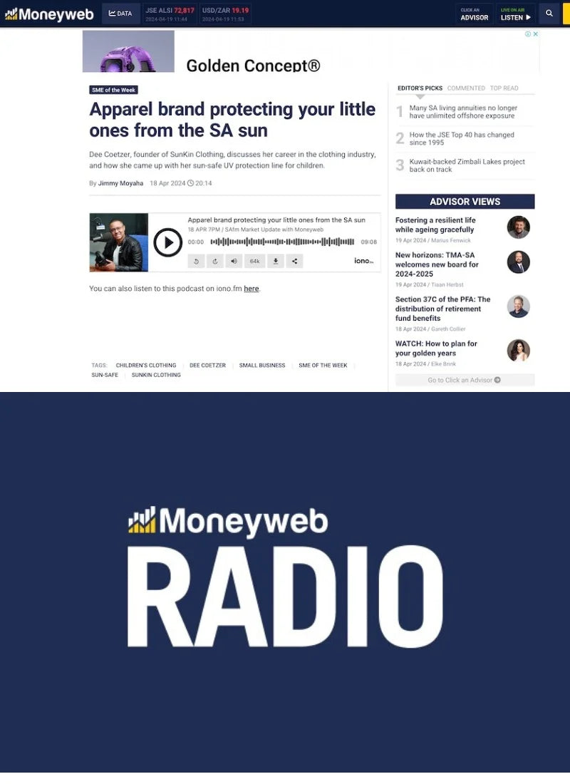 Dee Coetzer, founder of SunKin, featured on Moneyweb Radio’s SME of the Week on 18 April 2024, discussing her journey in kids' sun-safe fashion and launching CANSA-endorsed UPF50+ apparel.
