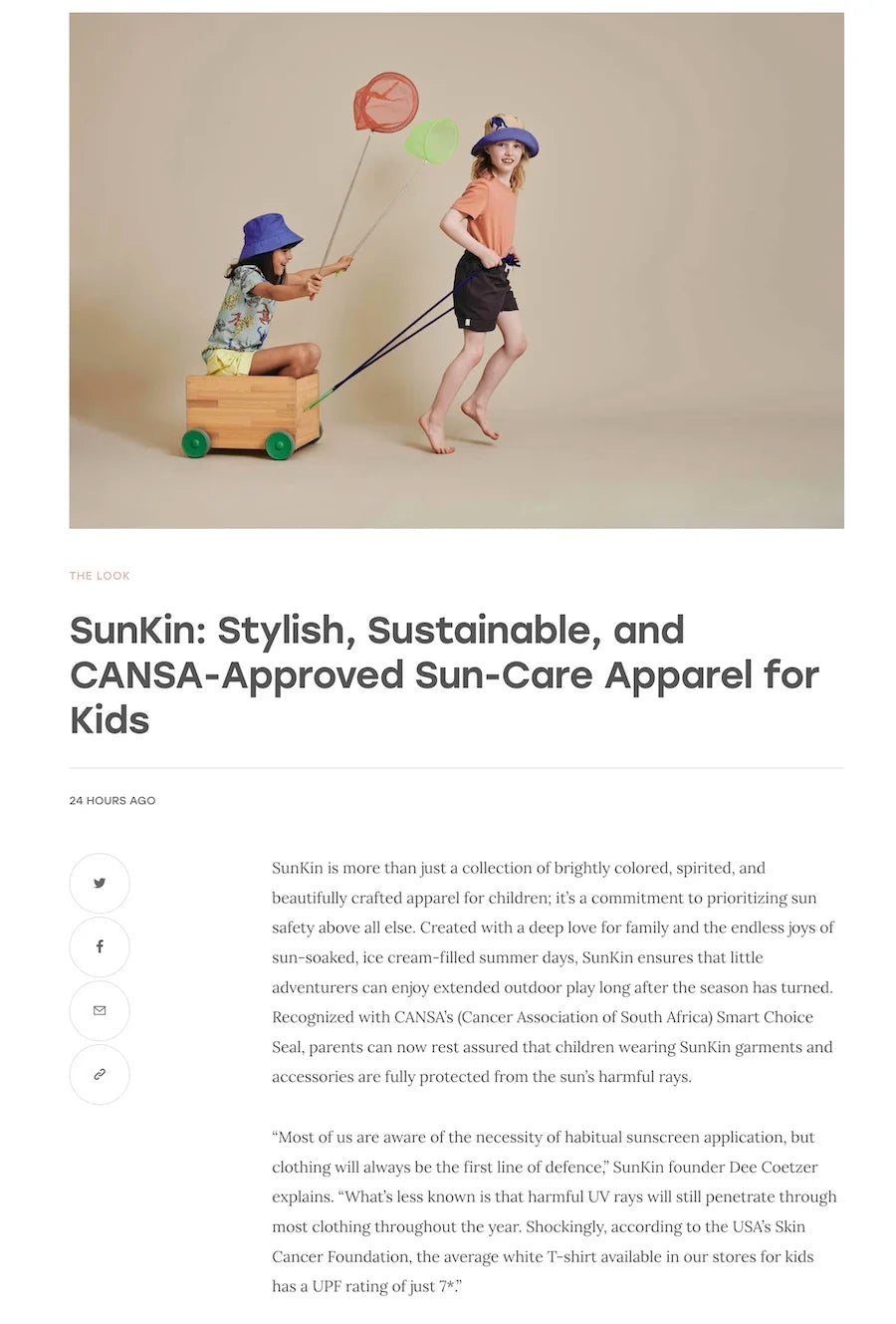 SunKin featured in SPICE4LIFE on 27 March 2024, highlighting its CANSA-approved UPF50+ sun-safe children's apparel, emphasizing sustainable and stylish sun protection for South African families.