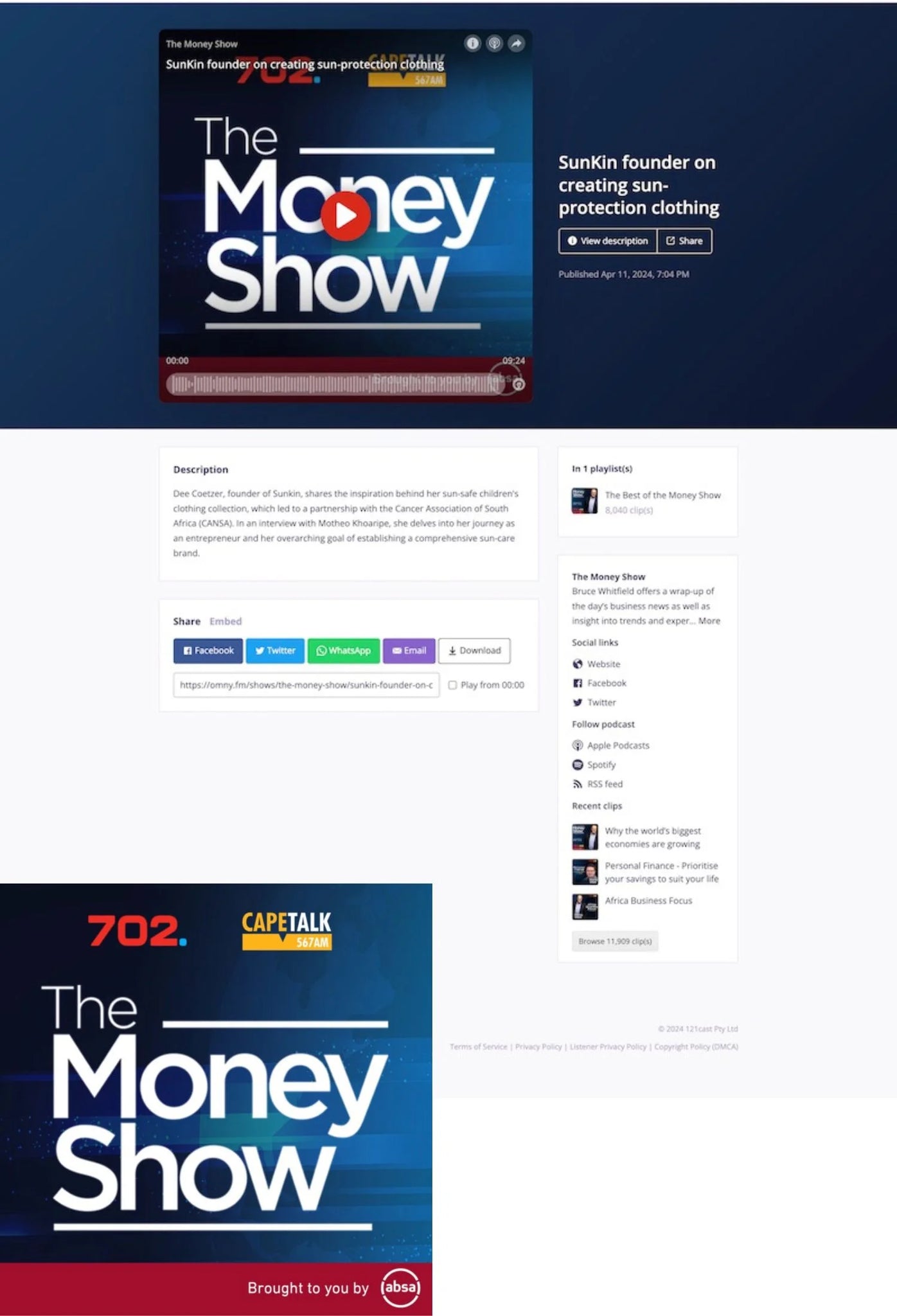 Dee Coetzer, founder of SunKin, featured on The Money Show with 702 and CapeTalk on 11 April 2024, discussing her journey creating CANSA-endorsed, sun-protective clothing for children.