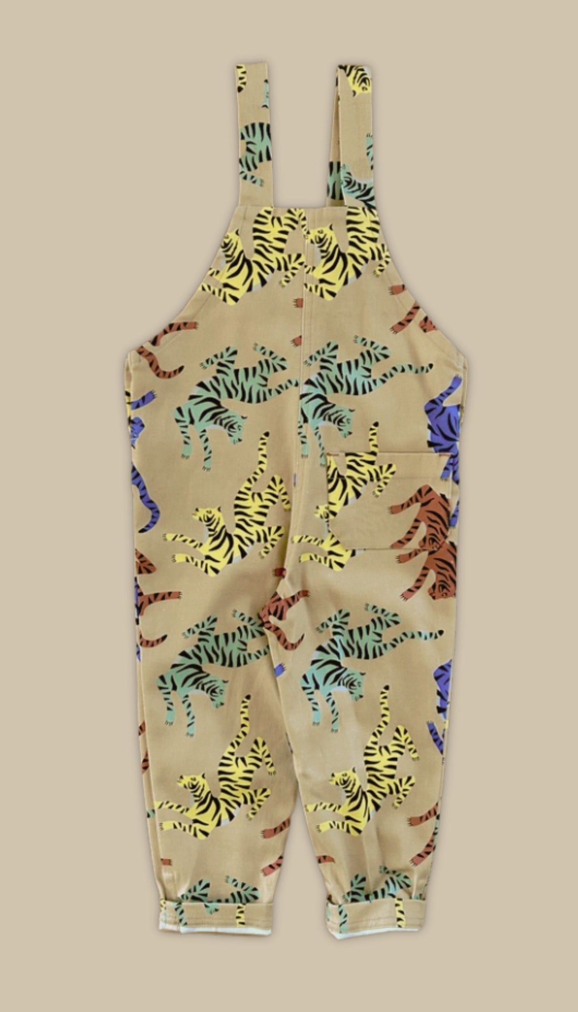 SunKin - back view of tiger print twill dungarees with UV protection