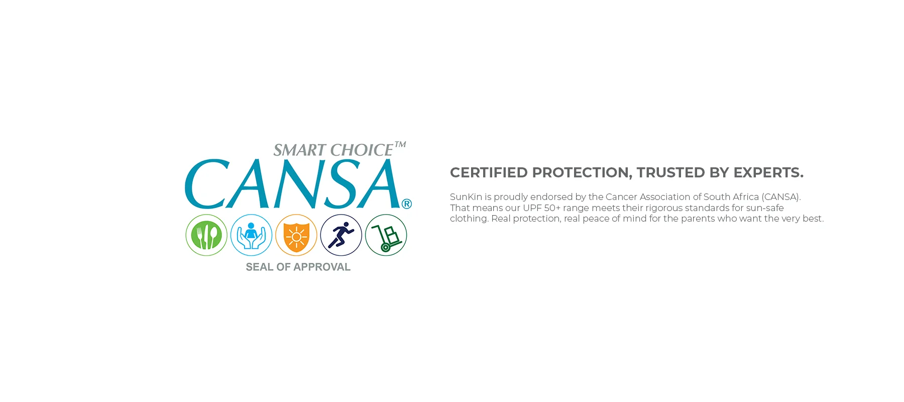 CANSA Smart Choice Seal of Approval for Sunkin’s UPF 50+ certified kidswear, highlighting expert-endorsed sun-safe clothing