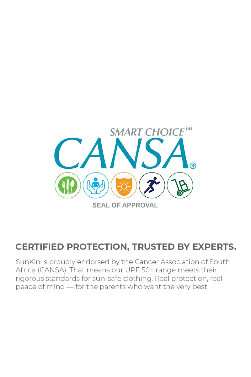 Mobile Version: CANSA Smart Choice Seal of Approval for Sunkin’s UPF 50+ certified kidswear, highlighting expert-endorsed sun-safe clothing.