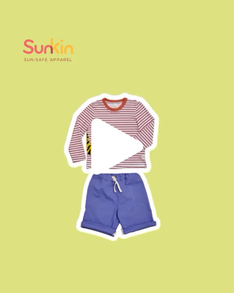 Mobile View: SunKin video preview cover featuring striped UPF50+ long-sleeve tee and blue cotton shorts—CANSA-endorsed sun-safe outfits for kids. 