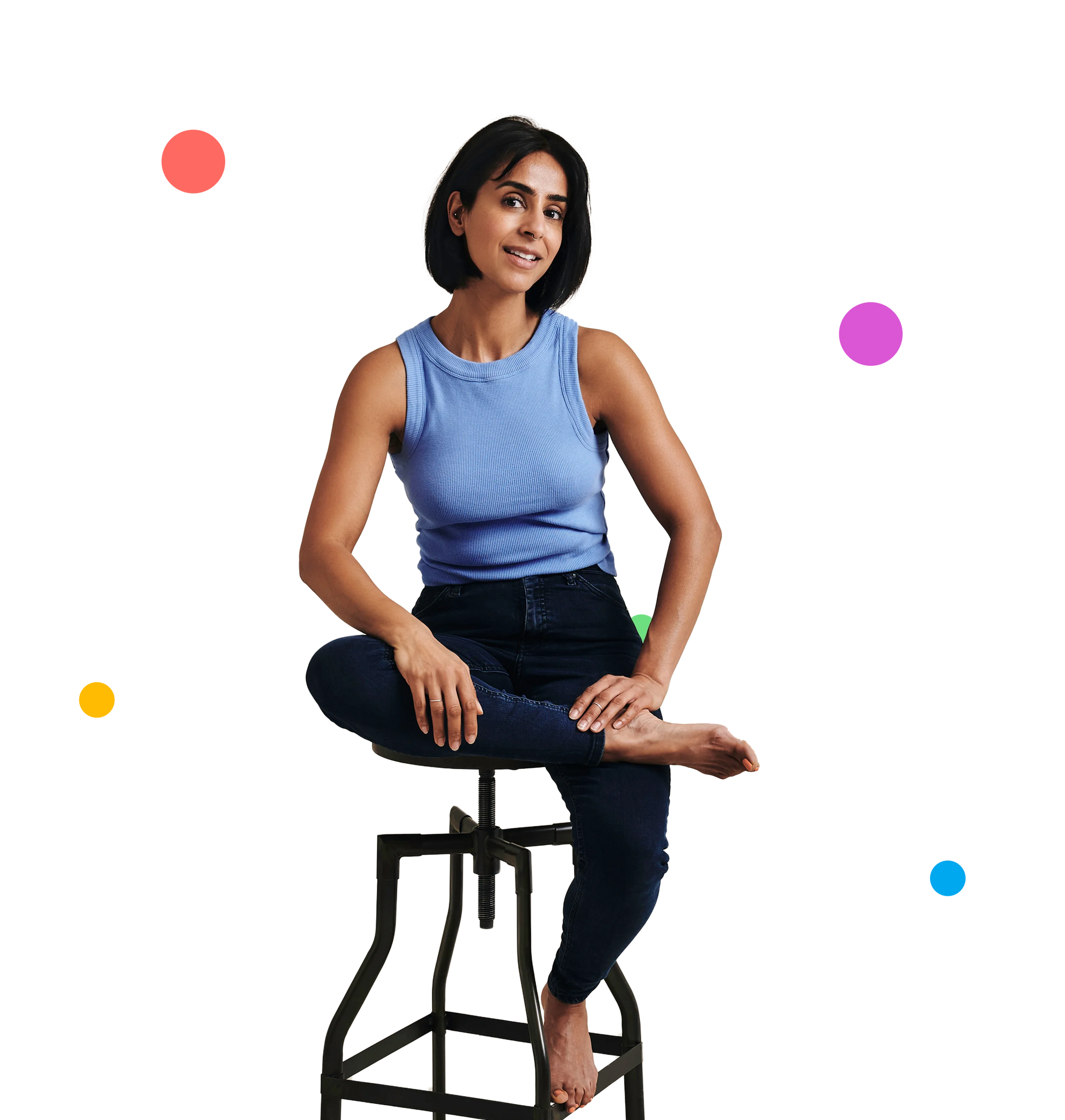 Dee, founder of SunKin, seated on a stool and sharing her personal journey on the About page