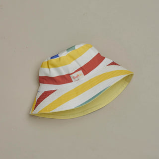 Front view of SunKin’s UPF50+ reversible bucket hat in cheerful multicolour stripe—sun-smart style with wide brim for kids.