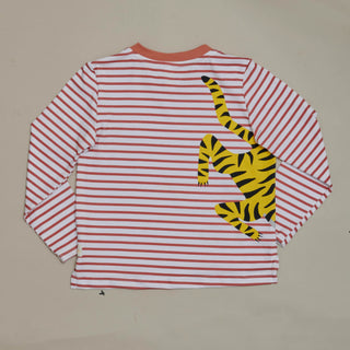 Back view of SunKin’s Tiger Stripe UPF50+ kids shirt—striped long sleeve with playful tiger tail and limb print.
