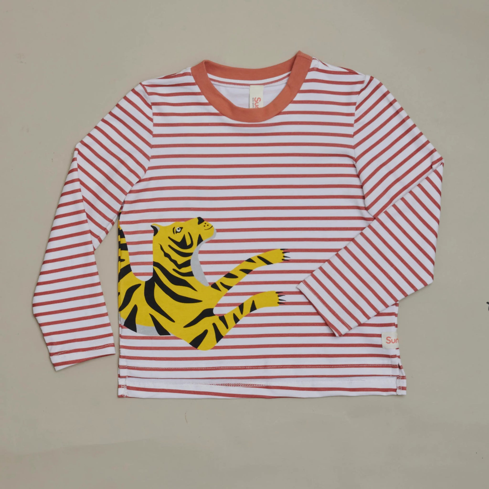 Front view of SunKin’s UPF50+ Tiger Stripe Long Sleeve Tee—breathable cotton with red Breton stripes and bold tiger detail.