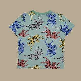 Back view of the Tiger Print UPF50+ kids t-shirt from SunKin—featuring a relaxed dropped hem for easy movement and full coverage.