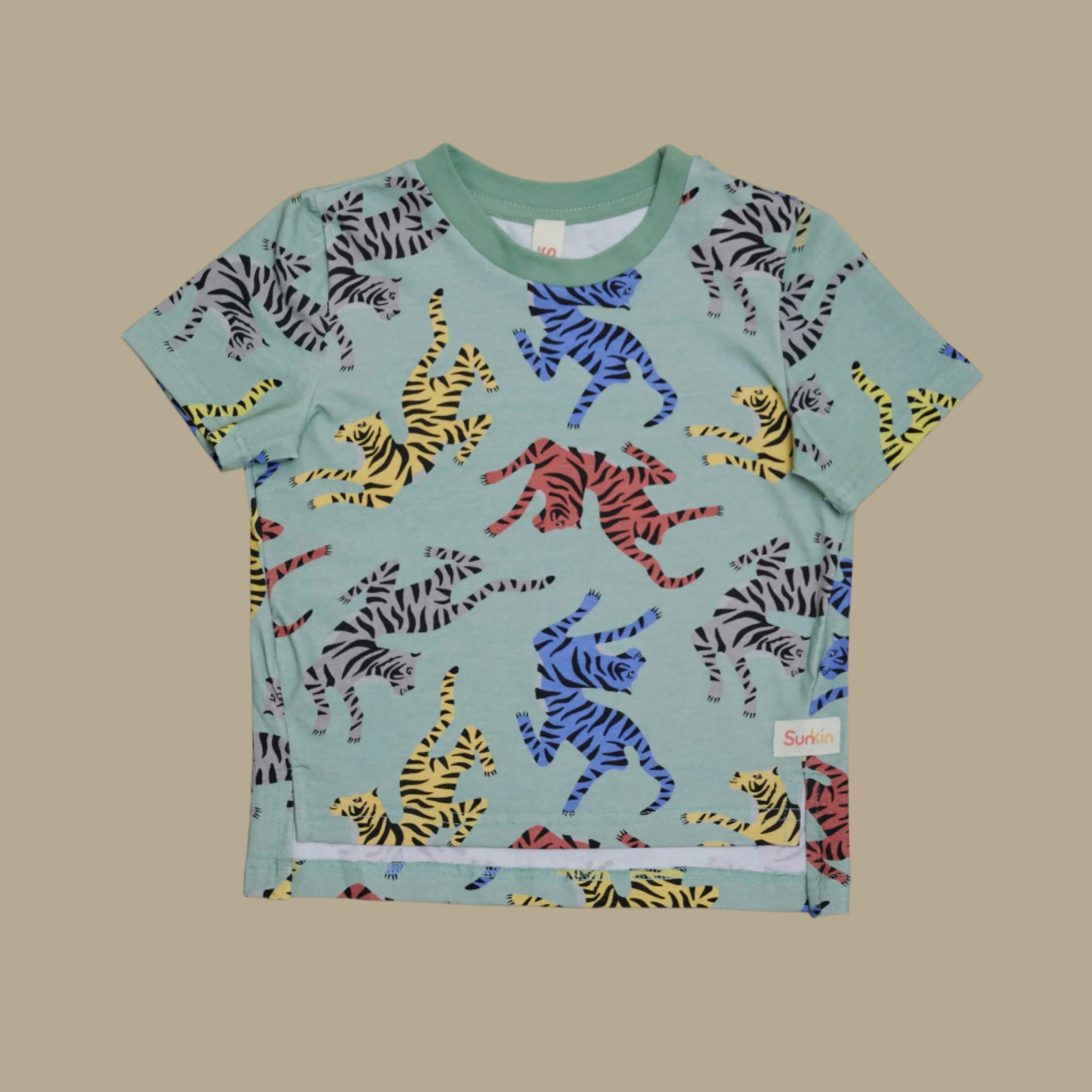 Front view of SunKin’s Tiger Print UPF50+ kids t-shirt—crafted in breathable cotton with fierce style and sun-safe protection.