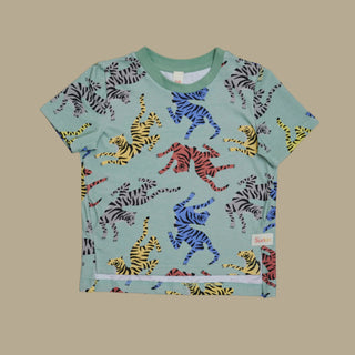 Front view of SunKin’s Tiger Print UPF50+ kids t-shirt—crafted in breathable cotton with fierce style and sun-safe protection.