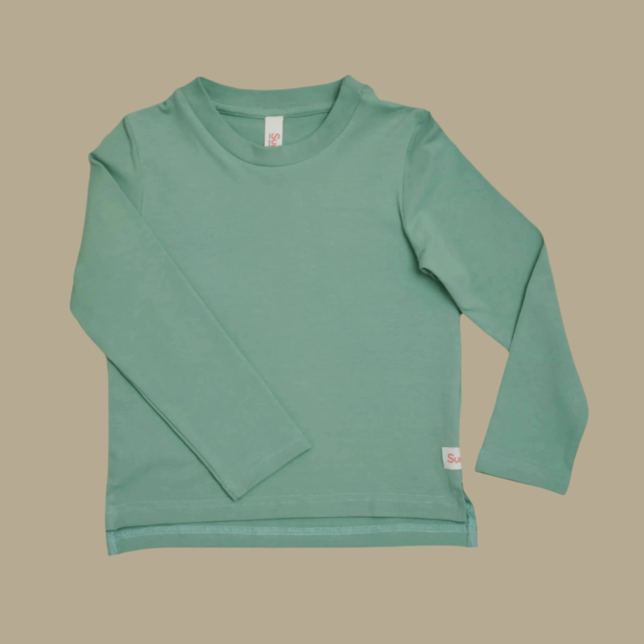 SunKin green UPF50+ long sleeve t-shirt for kids—breathable cotton with a side-split hem and sun-safe protection.