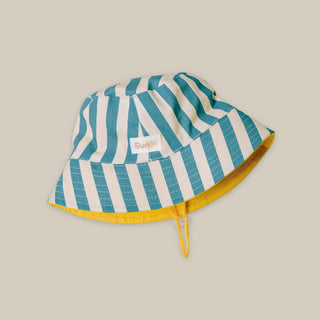 striped sun hat in green and beige with chin strap